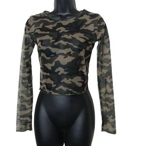 Perfashion Womens Sheer Multicolor Camouflage Long Sleeve Round Neck Blouse
